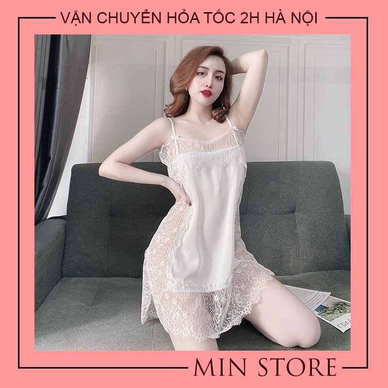 Váy ngủ 2 dây sexy gợi cảm xuyên thấu lụa satin phối ren mi cao cấp V006 - Min Store | BigBuy360 - bigbuy360.vn