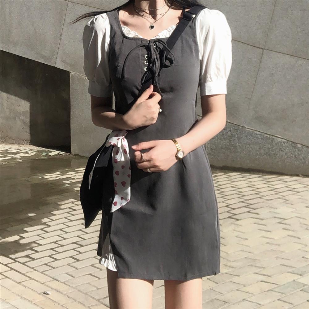 Đầm Ngắn Tay Giả Hai Mảnh Thời Trang Mùa Hè Cho Nữ