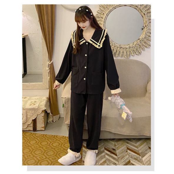 Bộ đồ ngủ tay dài màu đen phối ren thời trang Hàn Quốc retro