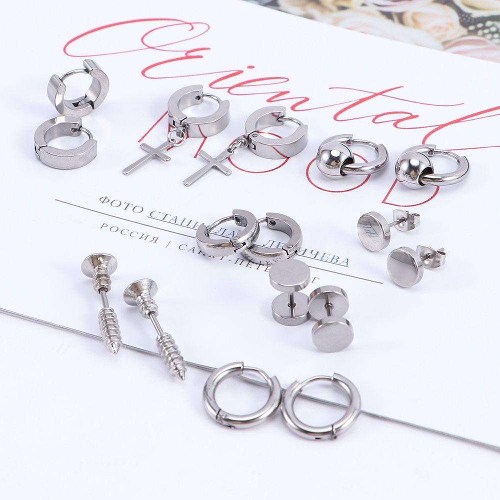 Set 8 Đôi Khuyên Tai Tròn Bằng Thép Titan Không Gỉ Màu Ngà Phong Cách Rock Punk Dành Cho Nam Và Nữ