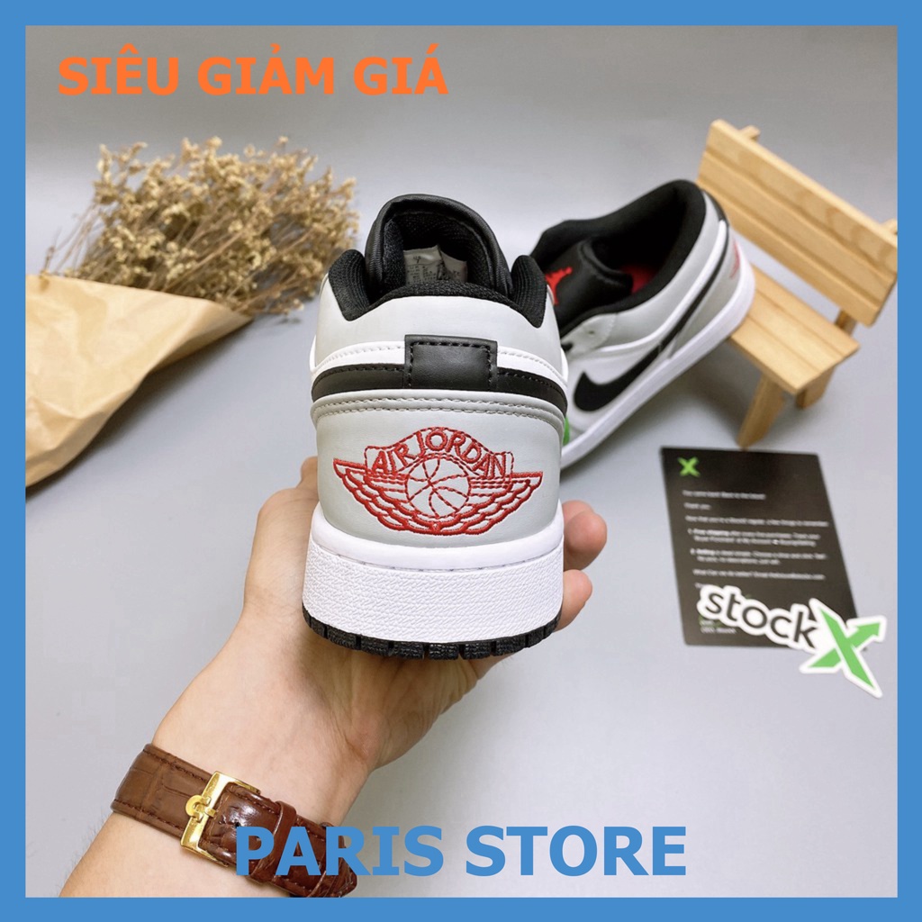 Giày Thể Thao Nam Nữ Jordan JD1 Low Xám Kẻ Đen Cổ Thấp Gót Thêu Chỉ Đỏ Thời Trang Full Box Bill