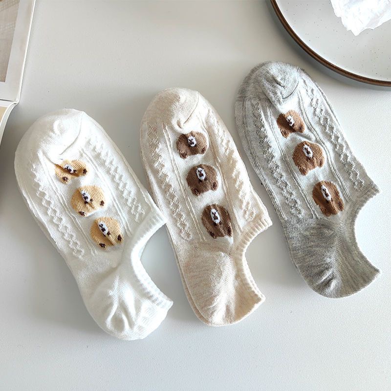 Tất Vớ Lười Nữ Cổ Thấp Thêu Hình Đầu Gấu Bông vải dày dặn mềm mại, cotton thấm hút