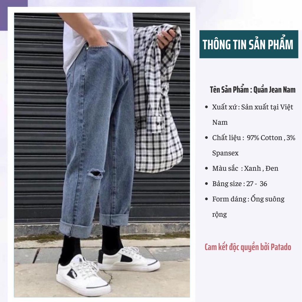 Quần bò jean baggy nam ống suông rộng rách 1 gối hottred hàn quốc 2022