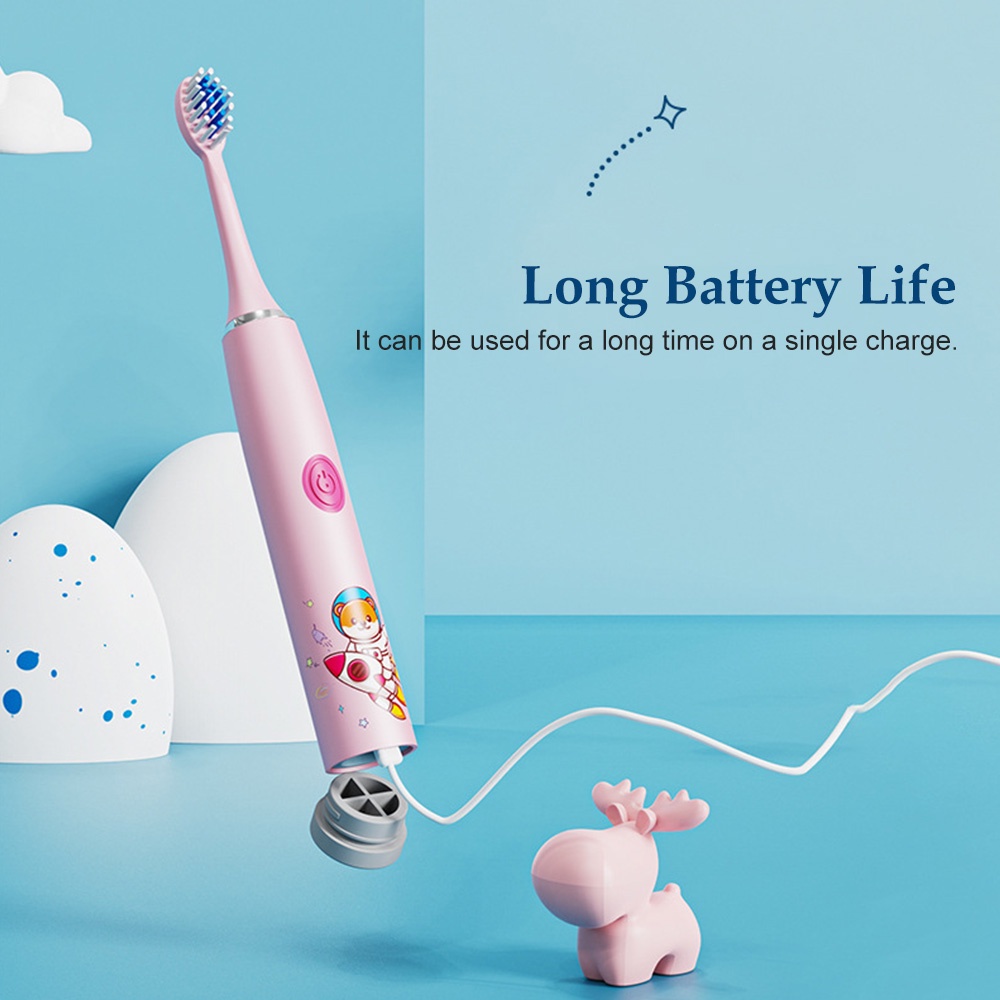 Bàn Chải Đánh Răng Điện Sonic Lông Mềm Sạc USB Kèm 2 Đầu Thay Thế Chống Thấm Nước Họa Tiết Hoạt Hình Cho