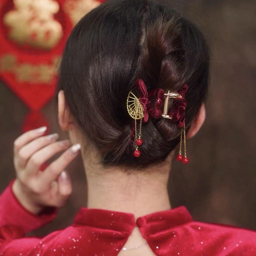 Kẹp Tóc Càng Cua Hình Cá Mập Bằng Nhung Màu Đỏ / Đen Đơn Giản Cho Nữ