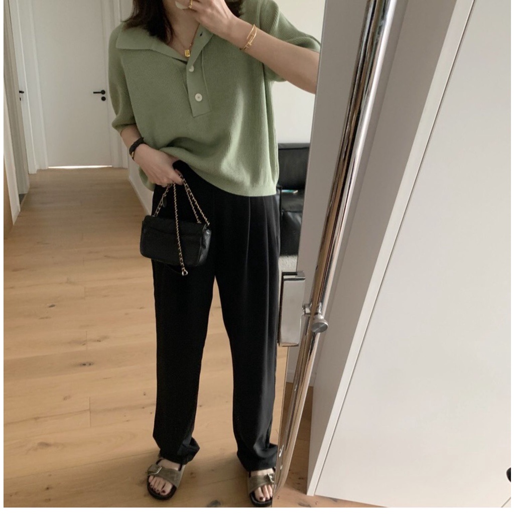 Áo thun ZHELIHANGFEI polo dệt kim lụa lạnh tay ngắn chất liệu mềm mại phong cách Hàn Quốc thời trang hè cho nữ