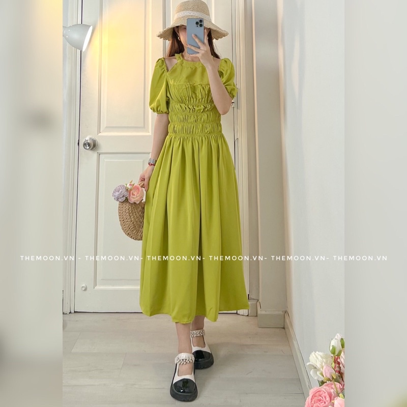 Đầm chun ngực váy dáng dài midi tay có bo chun 2 màu