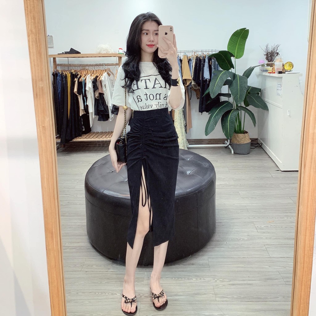Set Áo Phông Chữ Hate is not Family Mix Chân Váy Xẻ Dây Rút