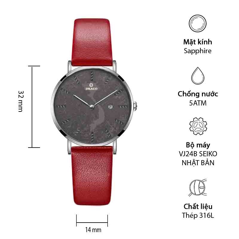 Đồng hồ nữ DRACO d22-stn03 “vietnamese girl” dây da đỏ
