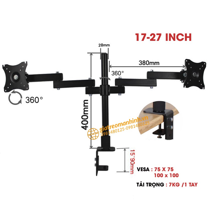 Giá Treo Màn Hình 17-32Inch  - Giá Treo 2 Màn Hình Trụ 40-60Cm - Tải Trong 8Kg - Xoay Màn 360 Độ