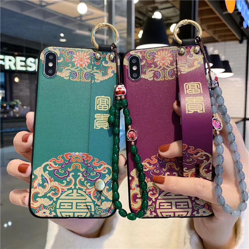 Ốp điện thoại TPU mềm có quai cầm tay + dây đeo xỏ hạt cho iPhone 6 6s 7 8 Plus X XS Max