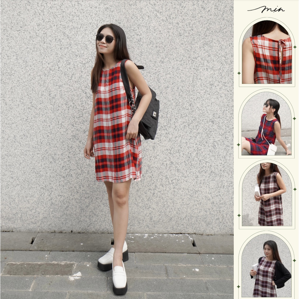 Đầm Thô chữ A Cotton mát Mịn, Đầm đi chơi, Váy ngắn, Đầm bigsize, Váy suông, Đầm Váy chữ A caro thiết kế
