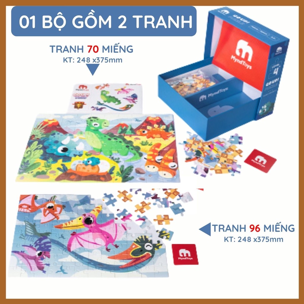 Bộ xếp hình Myndtoys chủ đề Khủng long Dino Xanh Series S với 2 Cấp độ 70-96 mảnh ghép cho bé thông minh