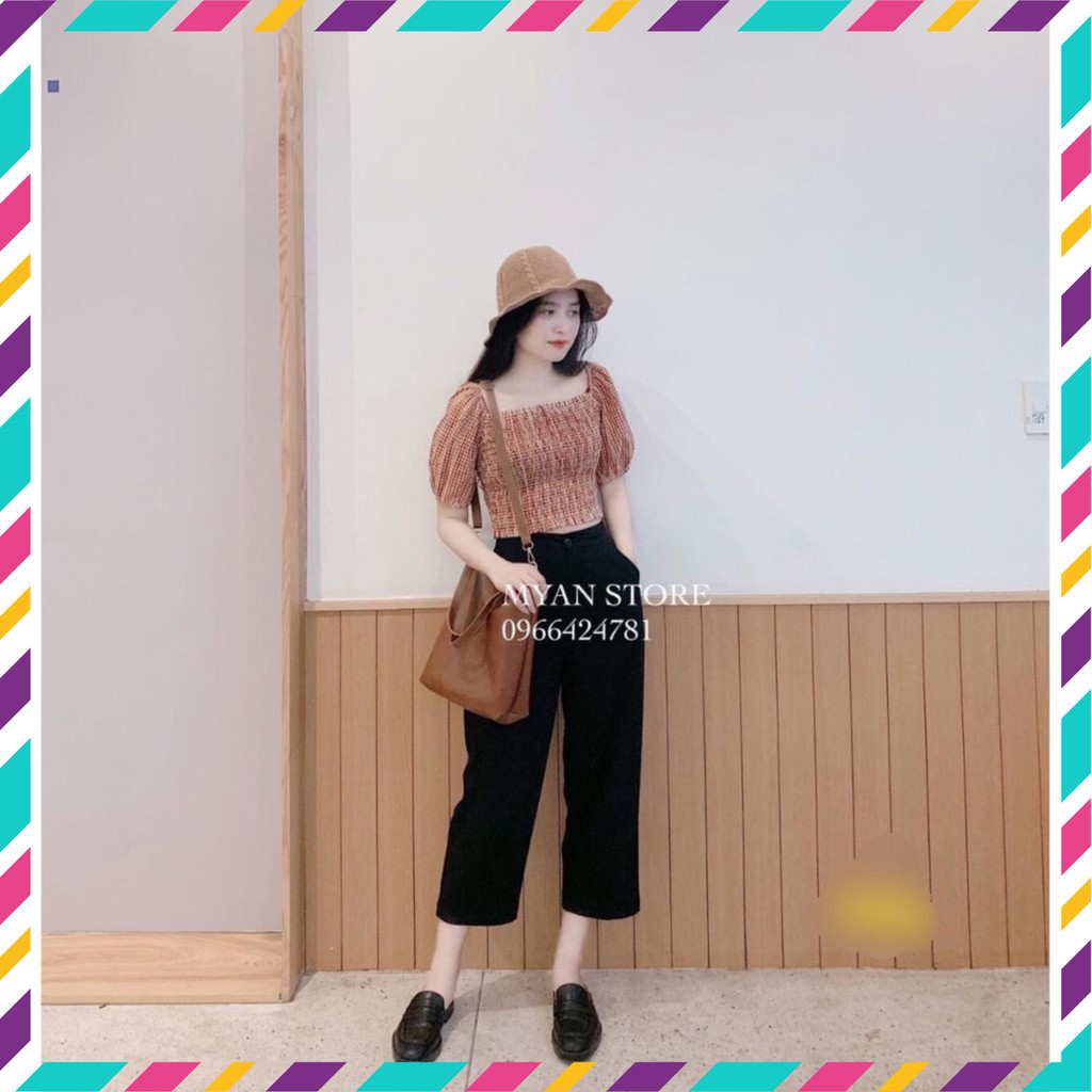Hàng Mới Siêu Hot - Set Áo Kẻ Đỏ Thổ Cẩm Chun Ngực Tay Bồng Mix Quần Cullotes Đen Bay Suông Lỡ
