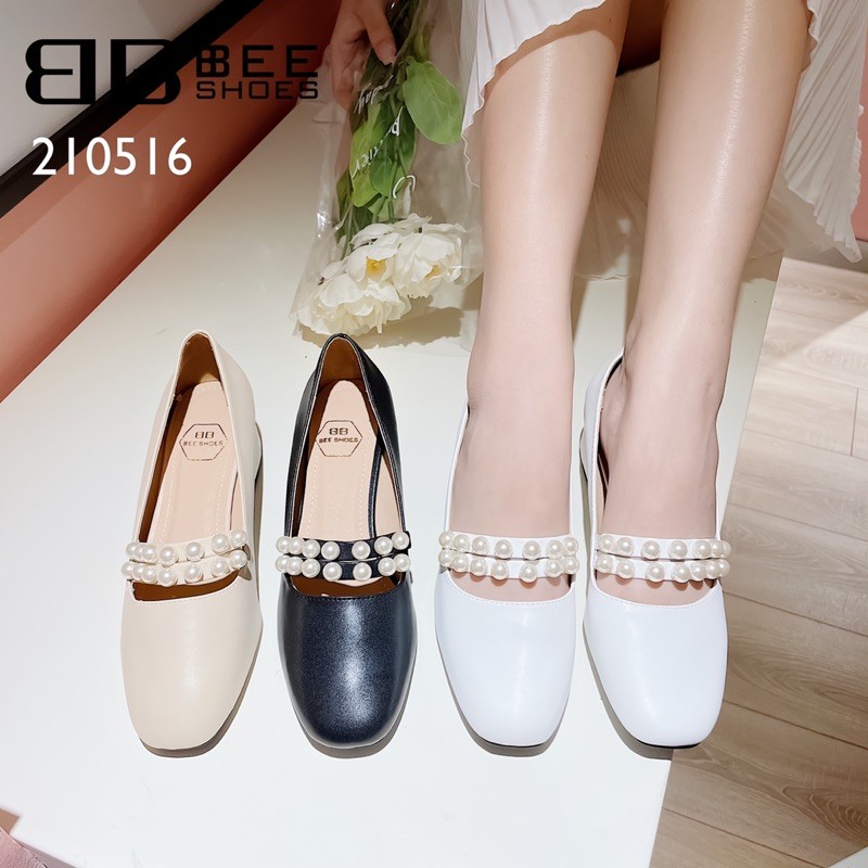 BEE SHOES - GIÀY BÚP BÊ NỮ QUAI NGỌC DA MỀM - GIÀY BÚP BÊ NỮ ĐẾ TRỤ CAO 3 PHÂN DỄ ĐI SẴN MÀU ĐEN, KEM ,TRẮNG 210516