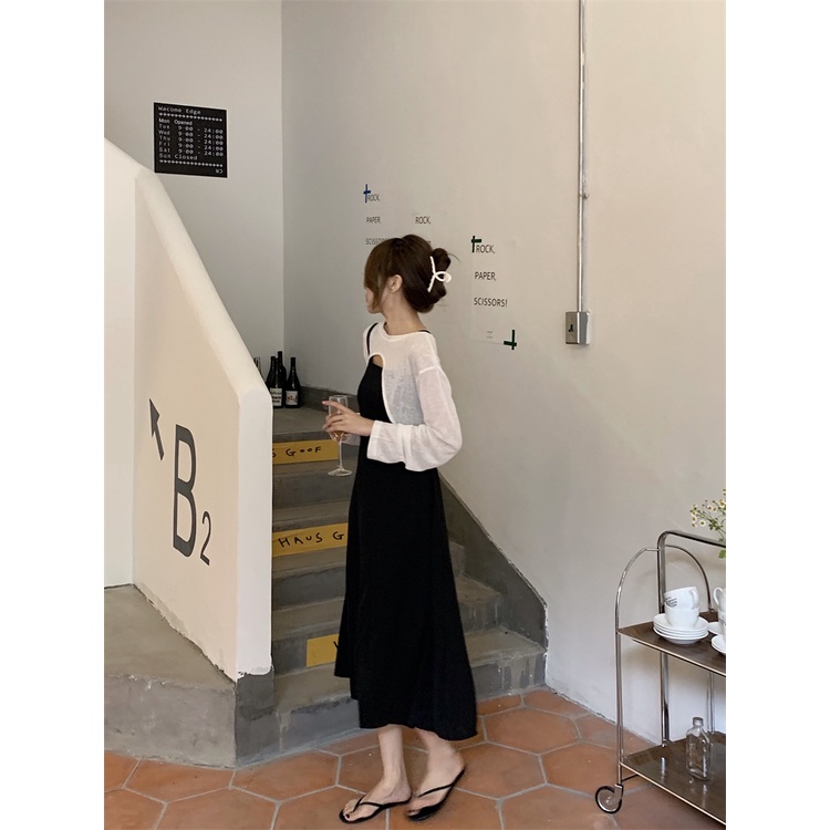 「MOTEL7」 Đầm Hai Dây Dáng Dài Bằng Vải Lanh Cotton Màu Đen Thanh Lịch Dễ Phối Đồ Phong Cách Pháp