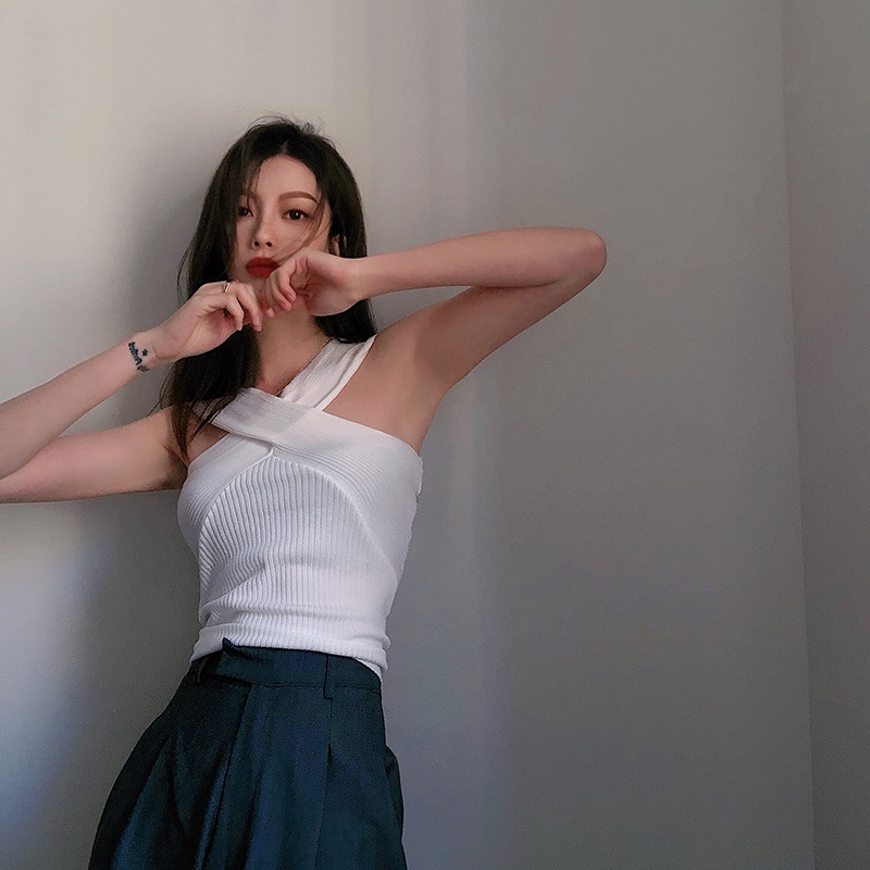 【ZHELIHANGFEI】 Áo Dệt Kim Hai Dây Chéo Lưng Gợi Cảm