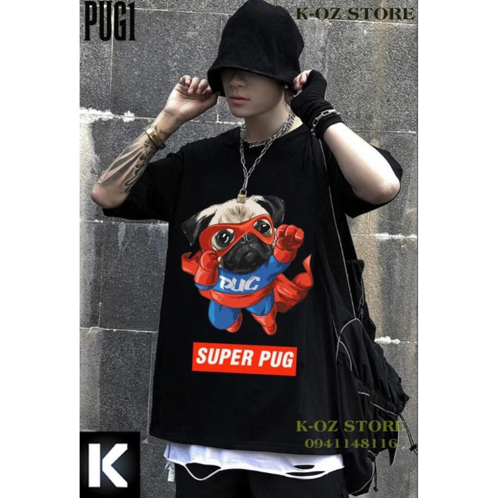 Áo thun chó tay lỡ PUG1 OVERSIZE UNISEX (2 Màu ĐEN-TRẮNG) có bigsize vải cotton cao cấp
