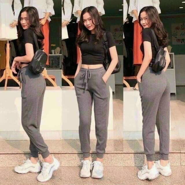 Quần jogger nữ thể thao bo gấu vải tăm có dây rút M555