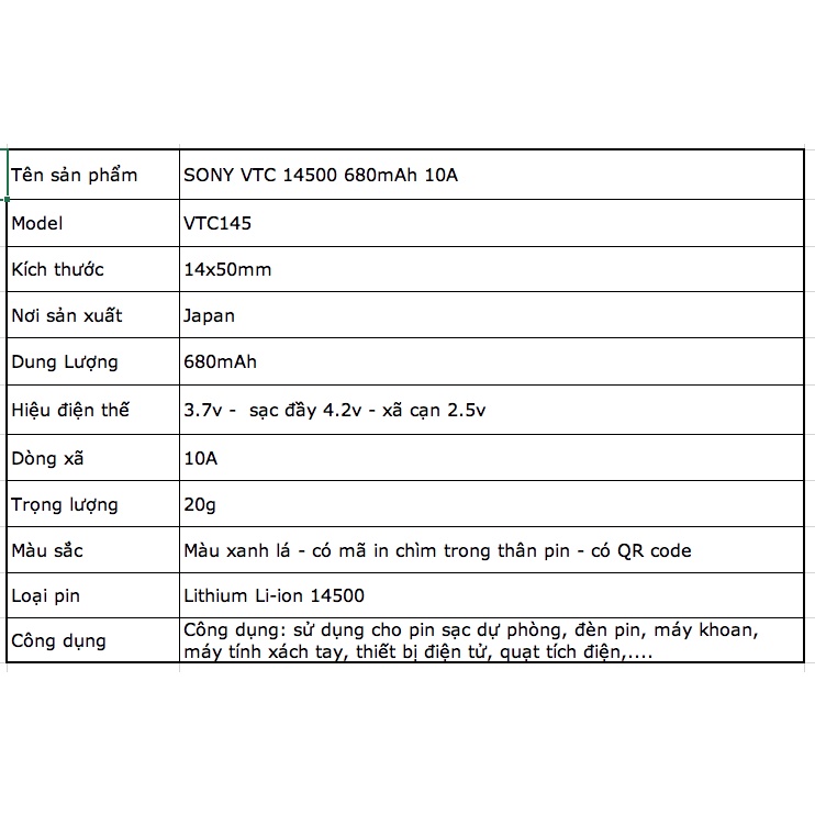 [P18] Pin Sạc 14500 SONY VTC xã cao 20A 680mah mới 100% dùng cho quạt, tông chấn, thiết bị cầm tay, robot
