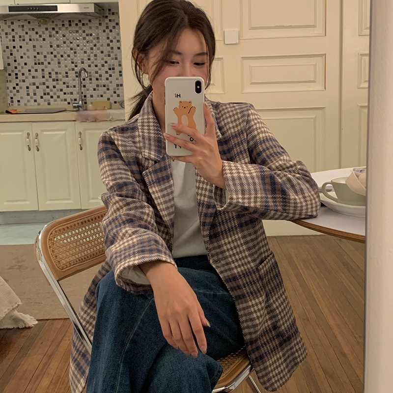 Áo Khoác Len Họa Tiết Kẻ Sọc Phong Cách Vintage Thời Trang Mùa Thu Mới Cho Nữ