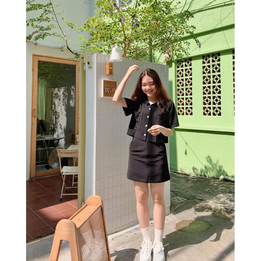 Áo sơ mi lửng chỉ nổi và chân váy túi xéo (S/M/L/XL)