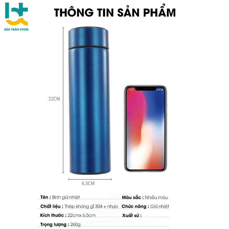 Bình giữ nhiệt hiển thị nhiệt độ cảm ứng 500ml ,nắp ngăn pha trà chất liệu inox 304 phủ sơn chống xước bảo hành 6 tháng