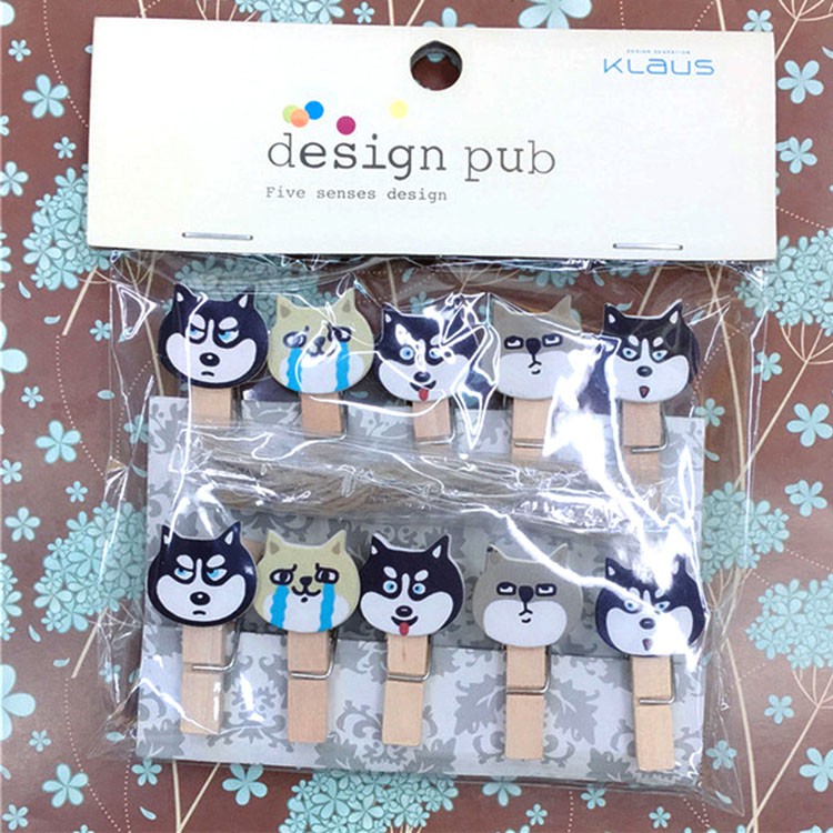 SET 10 Cái Kẹp Gỗ Sơn Design Pub hình Chó Husky (Tặng dây cói)