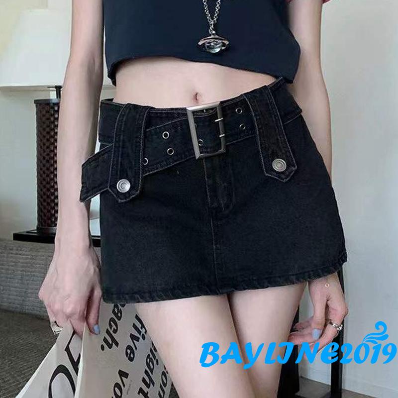 Bay-Women Casual Skirt, High Waist Solid Color Slim Fit Short Skirt with Wide Belt, Dark Blue/Black