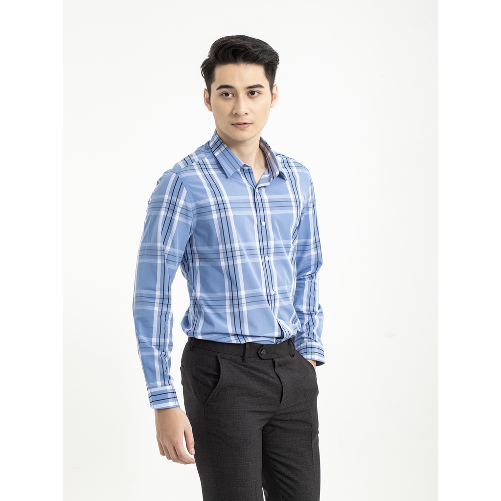 Áo sơ mi nam dài tay ARISTINO dáng Slim fit ôm vừa, màu xanh kẻ caro trắng thanh lịch, hiện đại - ALS26001