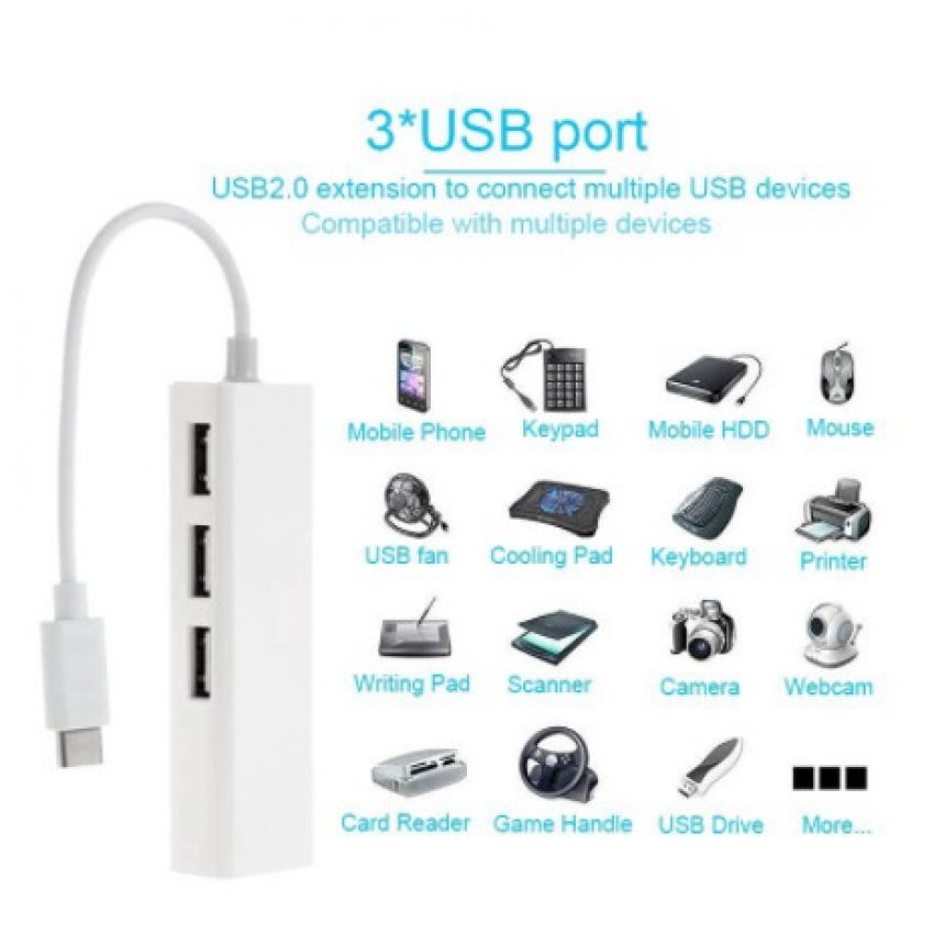 USB 100M Card mạng Rj45 + Hub USB2.0 Card mạng Usb-C Usb 3.0 Type C sang USB RJ45 Ethernet Lan Adapter Cáp Hub cho Ipad Macbook Pc Máy tính xách tay