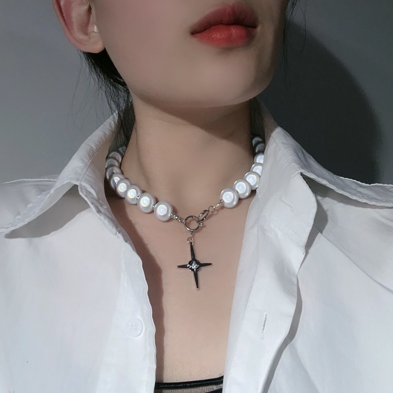 Vòng cổ chuỗi hạt ngọc trai nhân tạo mặt hình chữ thập phát sáng thời trang cho nữ