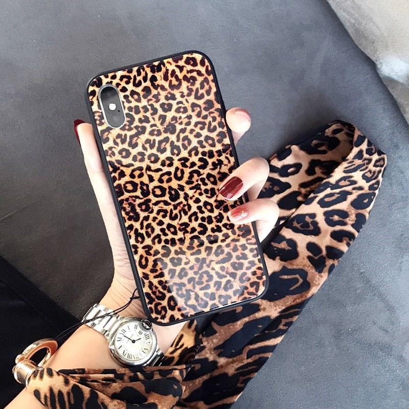 [ IPHONE ] Ốp Lưng Kính Cường Lực Da Báo (kèm dây) - A042