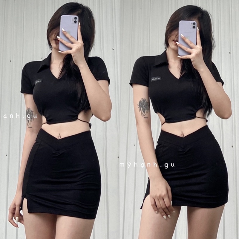 Áo Croptop Nữ Ôm Body Ngắn Tay YUMI BÁN SỈ áo Polo Khoét Eo Rút Dây | BigBuy360 - bigbuy360.vn