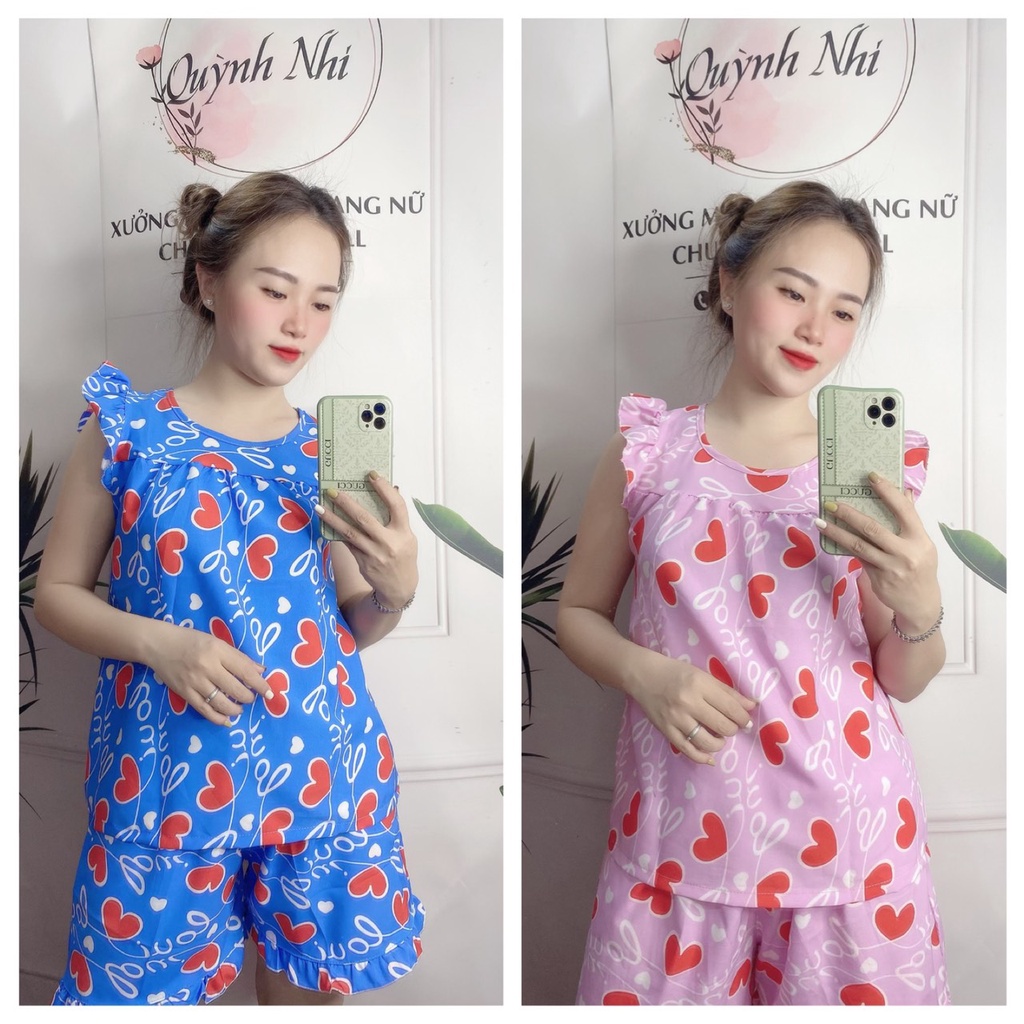 Đồ bộ nữ mặc nhà, Bộ ngủ nữ chất lụa mềm mịn loại 1, áo sát nách tay cánh tiên quần đùi họa tiết trái tim- TL39