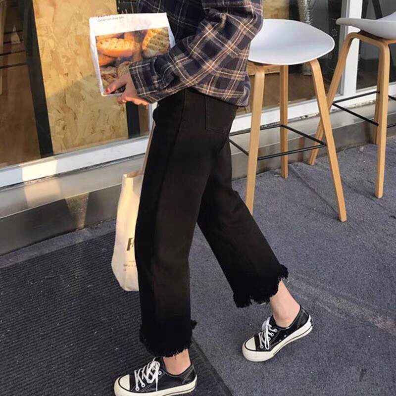 Quần jean dài cạp cao, quần jean ống đứng tua gấu phong cách_j18