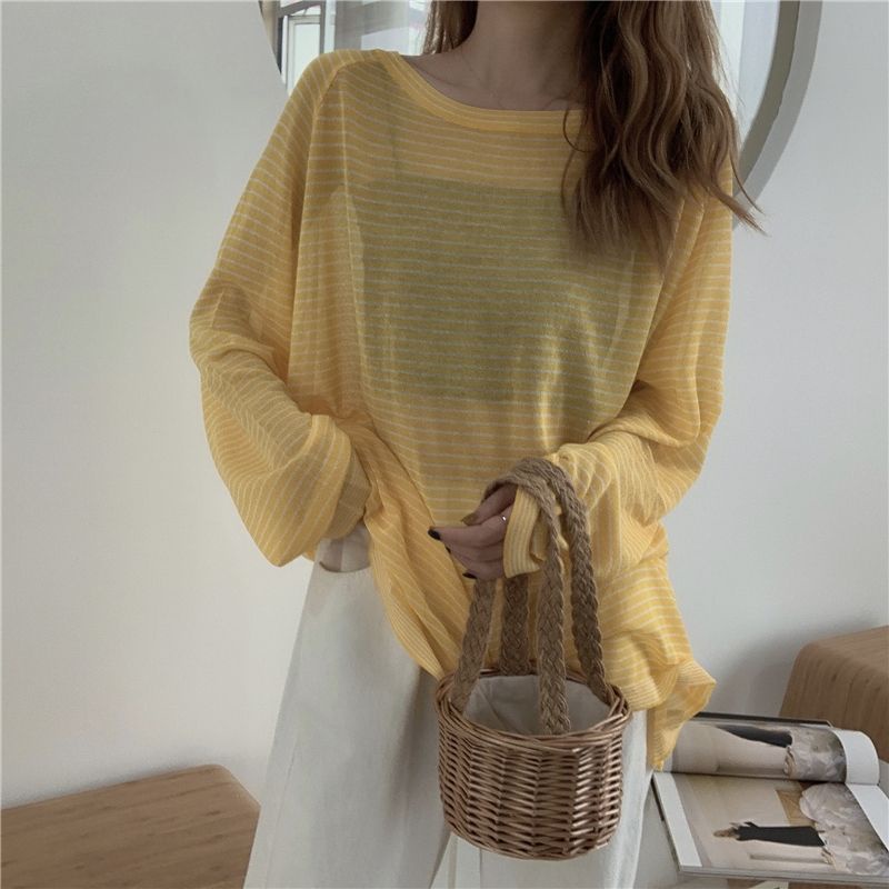 JiashuchengÁo Thun Dệt Kim Mỏng Tay Dài Dáng Rộng Họa Tiết Kẻ Sọc Thời Trang Cho Nữ