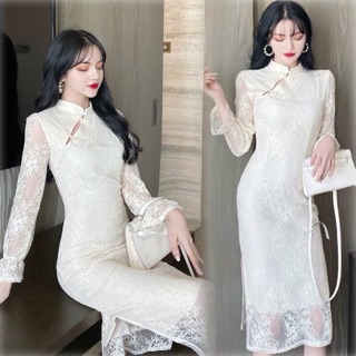[Sẵn/Video] Sườn xám cách tân phối ren sang chảnh. Váy trắng ngà body xẻ tà đi tiệc cưới