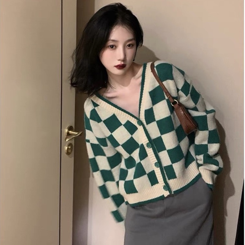 Áo khoác cardigan dệt kim cổ chữ V dáng rộng họa tiết kẻ sọc thời trang thu đông cho nữ