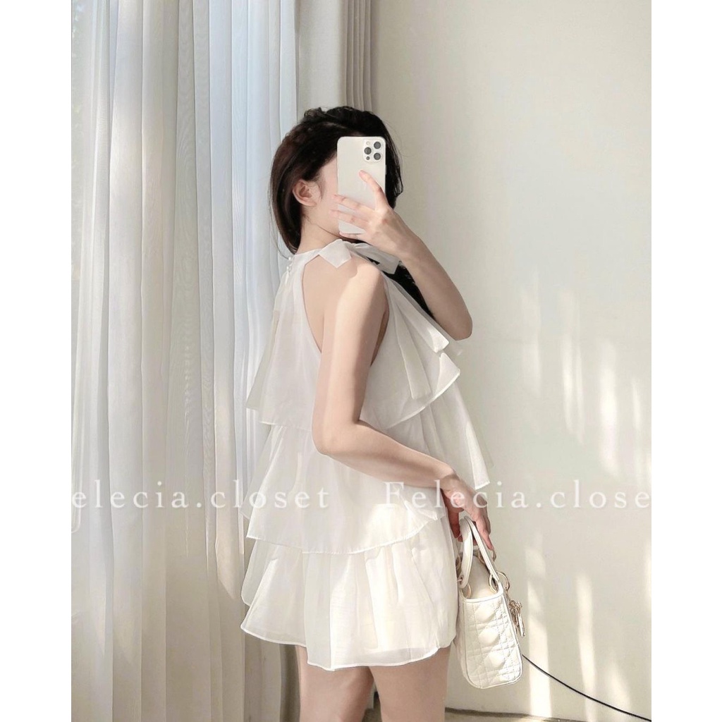 Váy kiểu tiểu thư V.113, Váy tơ cổ yếm thắt nơ dáng babydoll xòe tầng sang chảnh - Thời trang nữ Chấm Bi
