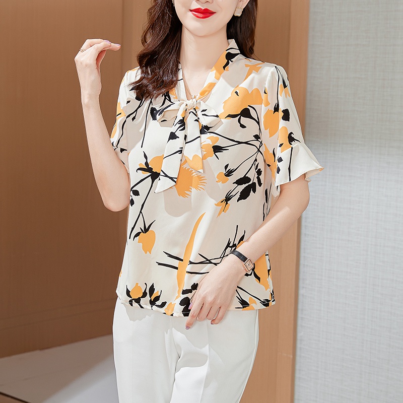 Áo Sơ Mi Chiffon Tay Ngắn Thắt Nơ In Họa Tiết Thời Trang Hàn Quốc Cho Nữ Size L-5XL