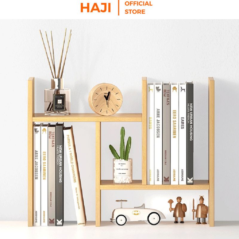 Kệ sách gỗ mini để bàn đa ngăn tiện lợi, Kệ gỗ trang trí phong cách Vintage hiện đại xinh xắn thương hiệu HAJI A62