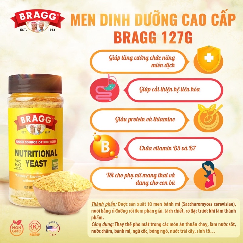 Men dinh dưỡng Bragg 127g Mỹ cho bé ăn dặm, người ăn chay