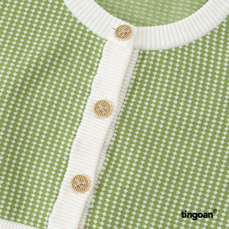 TINGOAN® - Áo set len xù cardigan lửng tặng kèm quây 2 dây kẻ caro xanh nhỏ vai bồng tingoan LOULOU CARDIGAN/GREEN