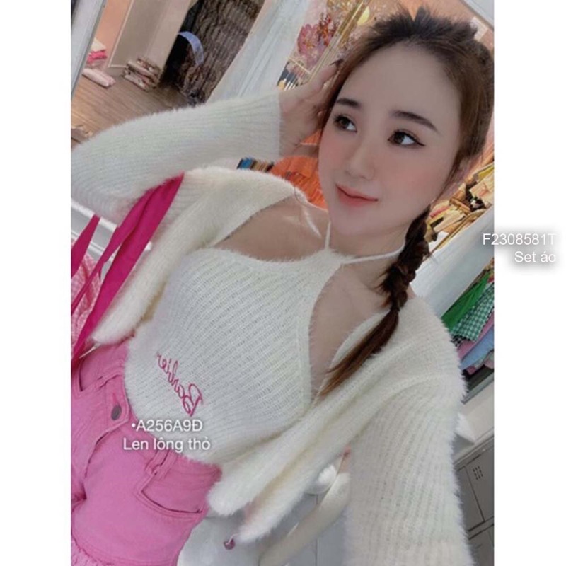Set len lông xù Áo khoác dài tay kèm Áo dây yếm khoét lưng thêu chữ s TT2308