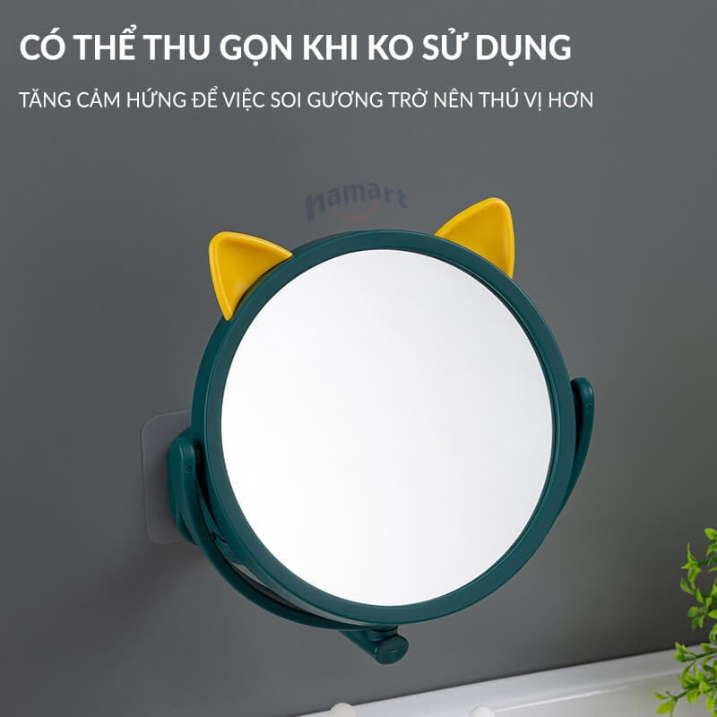 Gương Trang Điểm Treo Tường Tai Mèo Hamart Gương Tròn Mini Dán Tường Nhà Tắm Xoay 360°