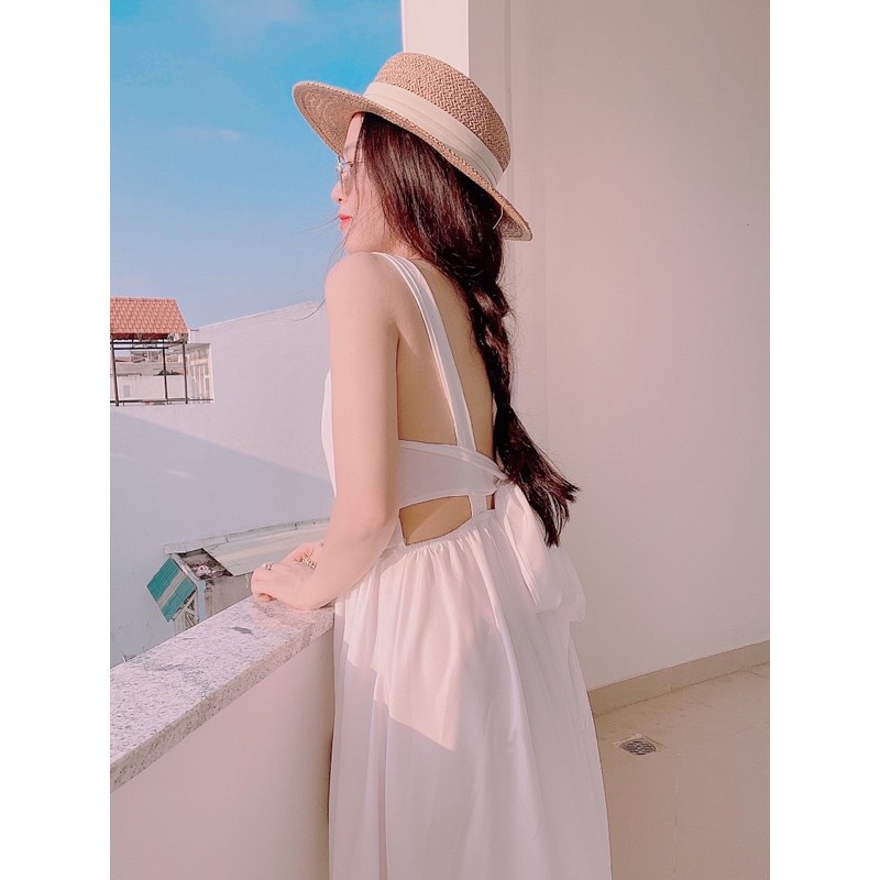 Đầm váy nữ maxi trắng đi biển du lịch, Đầm maxi xoè nơ dáng dài mút ngực | BigBuy360 - bigbuy360.vn