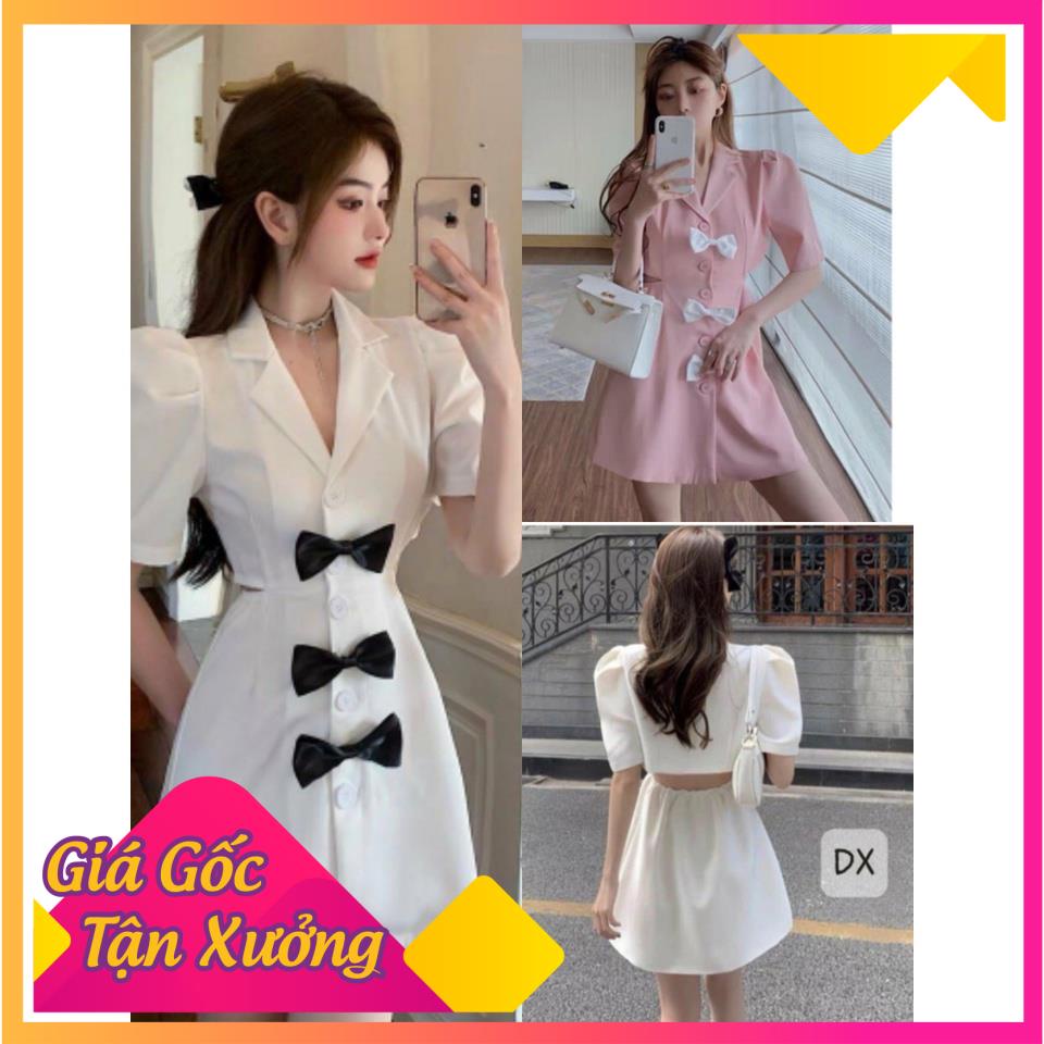 XẢ KHO GIÁ SỐC Đầm Cut Out Nữ Cổ Vest , Cộc Tay Cúc Cài Phối Nơ 2 Màu Q049