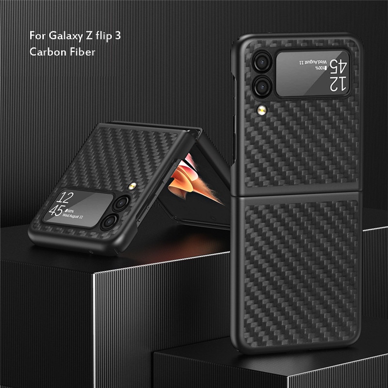 Ốp điện thoại sợi carbon màu đen bảo vệ camera thời trang cho Samsung Galaxy Z Flip 3 5G