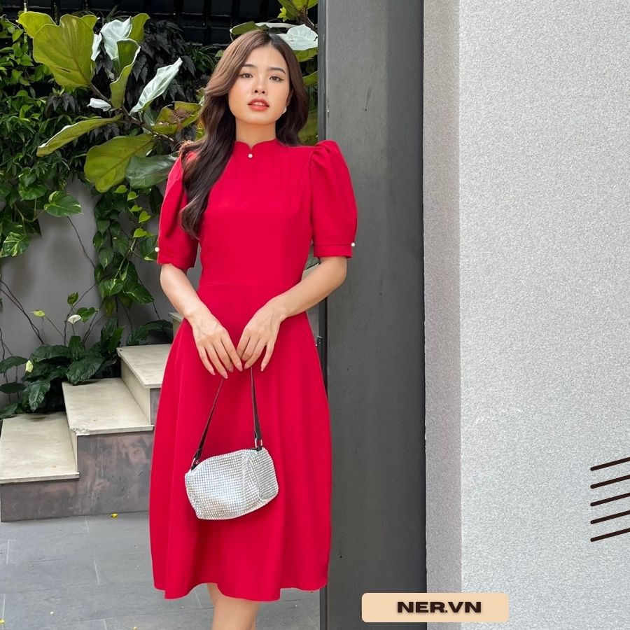 Váy đầm xinh màu đỏ thích hợp dự tiệc công sở đi chơi TB124